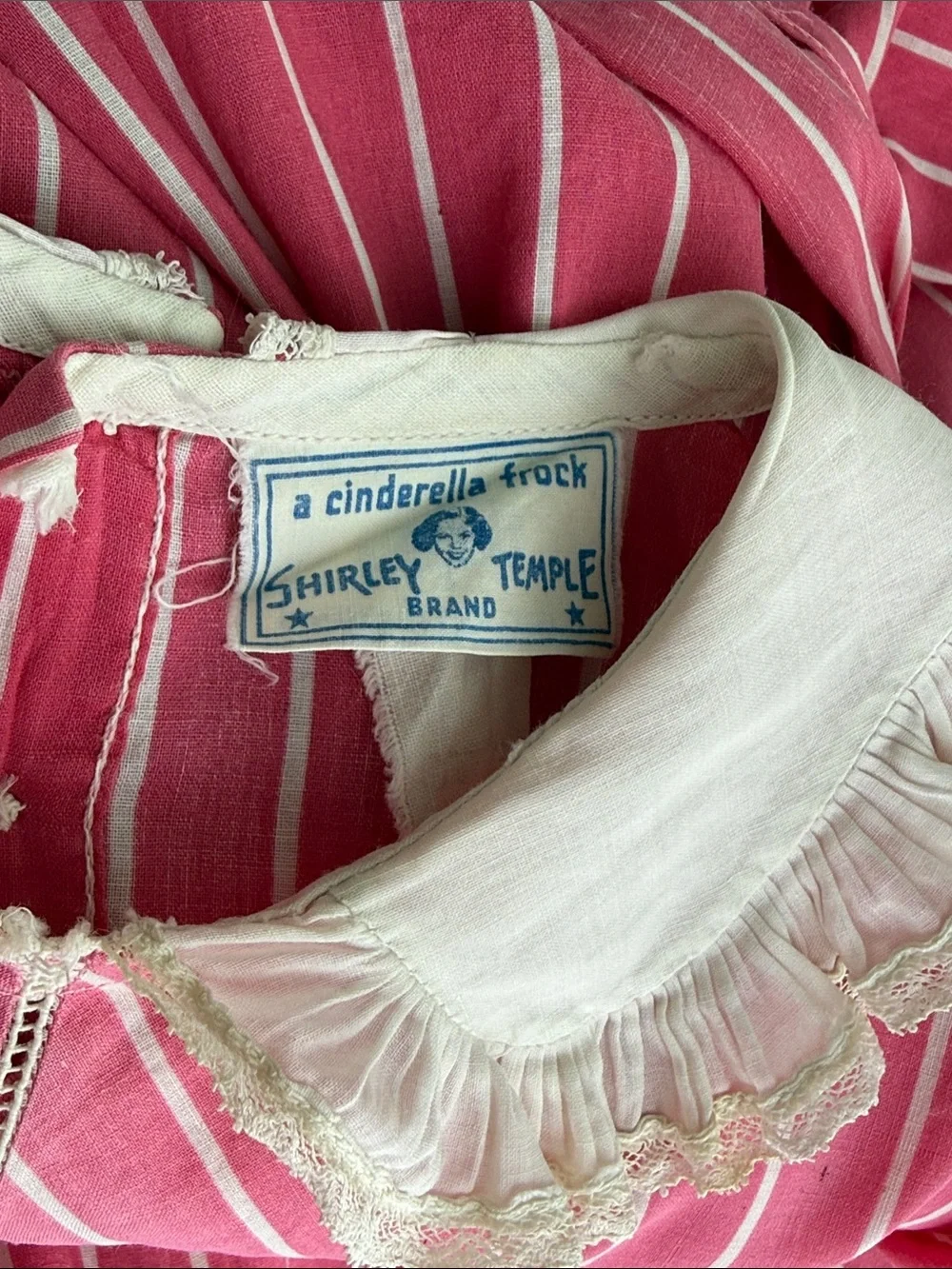 1930s Shirley Temple Cinderella Frock Pink Striped Child Dress Display Heirloom